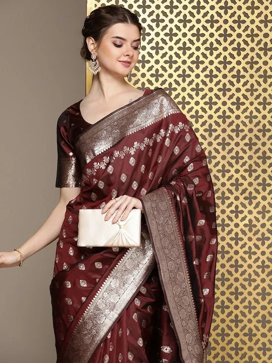 Brown Ethnic Motifs Woven Design Zari Pure Silk Saree