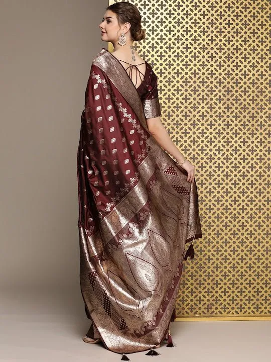 Brown Ethnic Motifs Woven Design Zari Pure Silk Saree