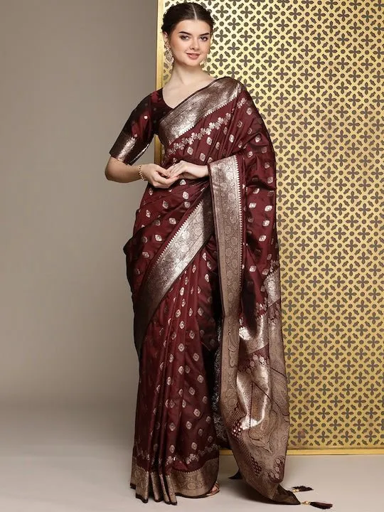 Brown Ethnic Motifs Woven Design Zari Pure Silk Saree