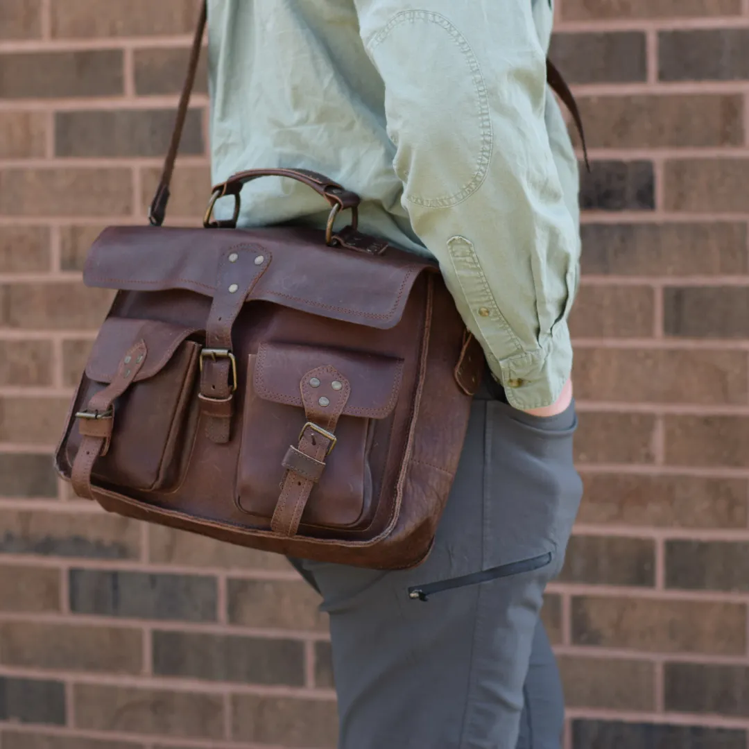 Brown Leather Briefcase by World Orphans - Chocolate Pullup Leather