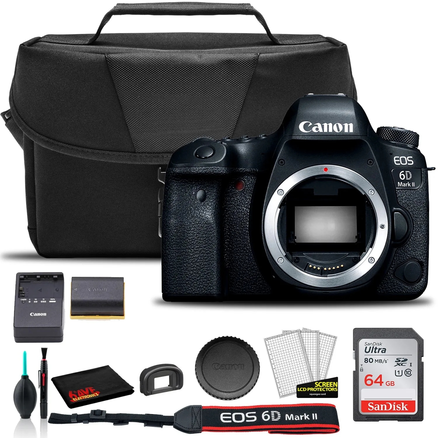 Canon EOS 6D Mark II DSLR Camera (Body Only) (1897C002)    EOS Bag    Sandisk Ultra 64GB Card   Cleaning Set And More