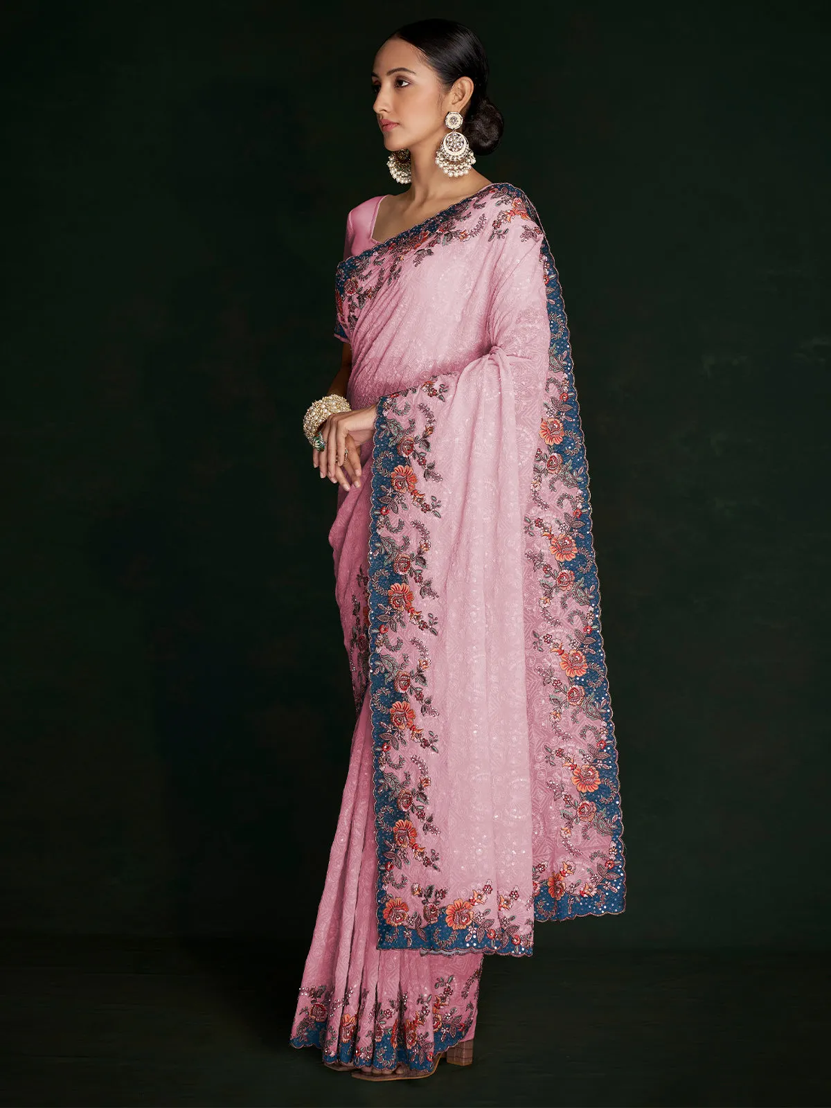 Classic Pink Georgette Embroidered Saree With Unstitched Blouse