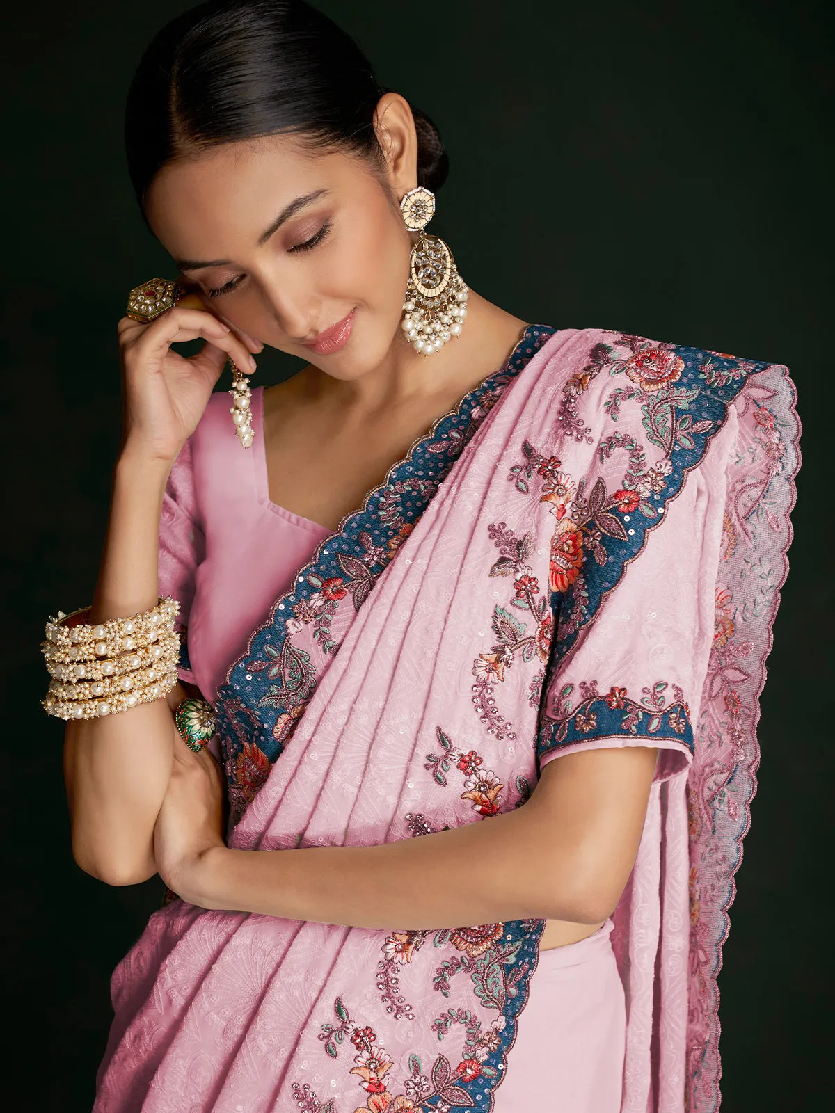 Classic Pink Georgette Embroidered Saree With Unstitched Blouse