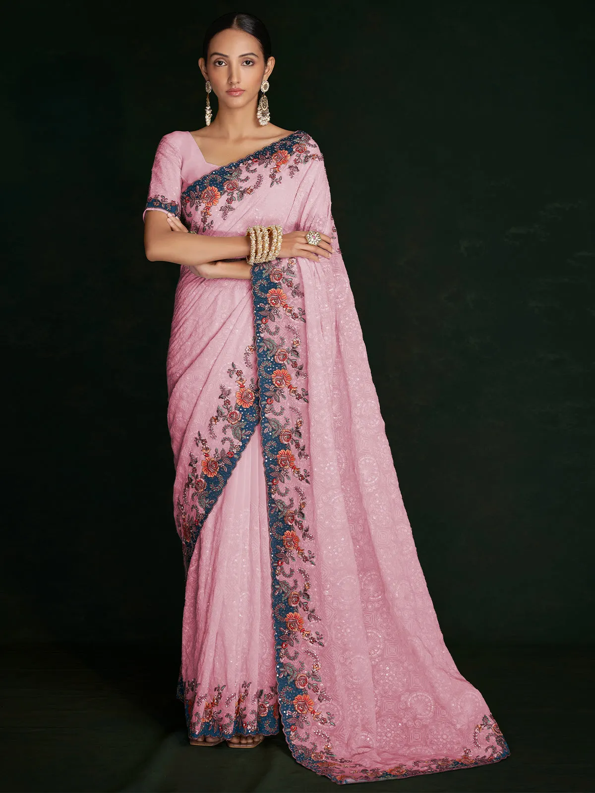 Classic Pink Georgette Embroidered Saree With Unstitched Blouse