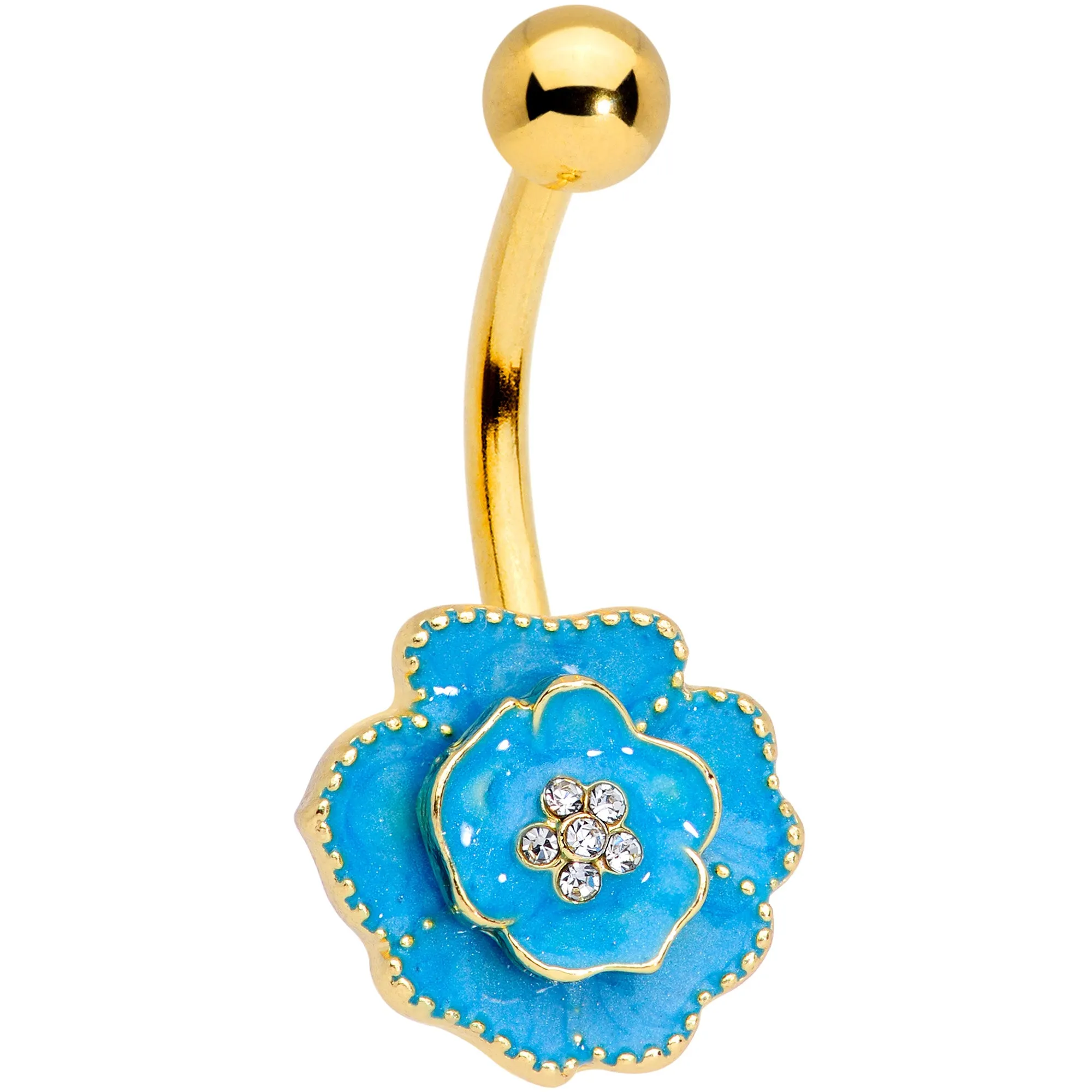 Clear Gem Gold Tone Aqua Rose Reversible Belly Ring