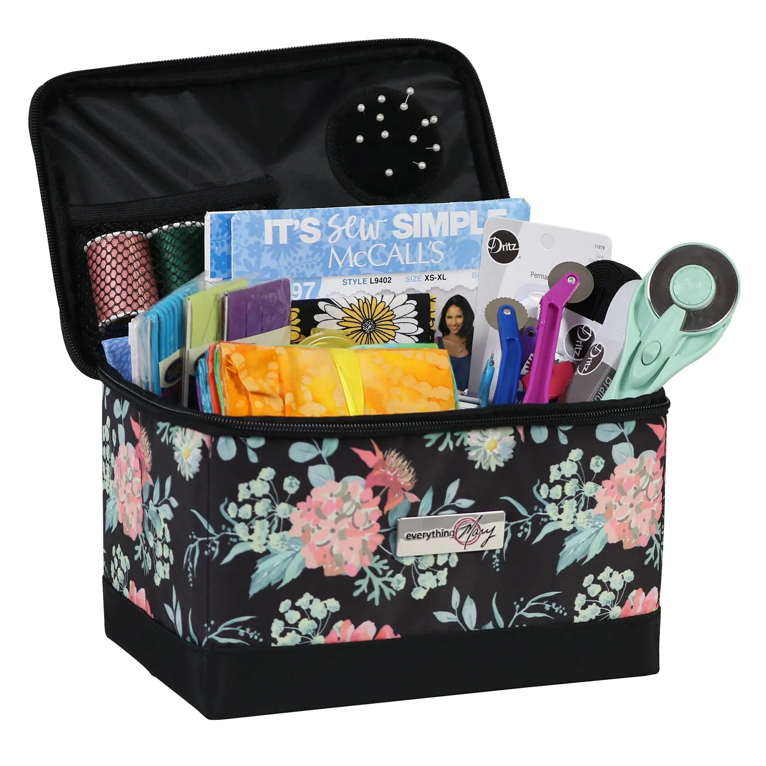 Collapsible Sewing Kit Organizer Box, Black & Floral