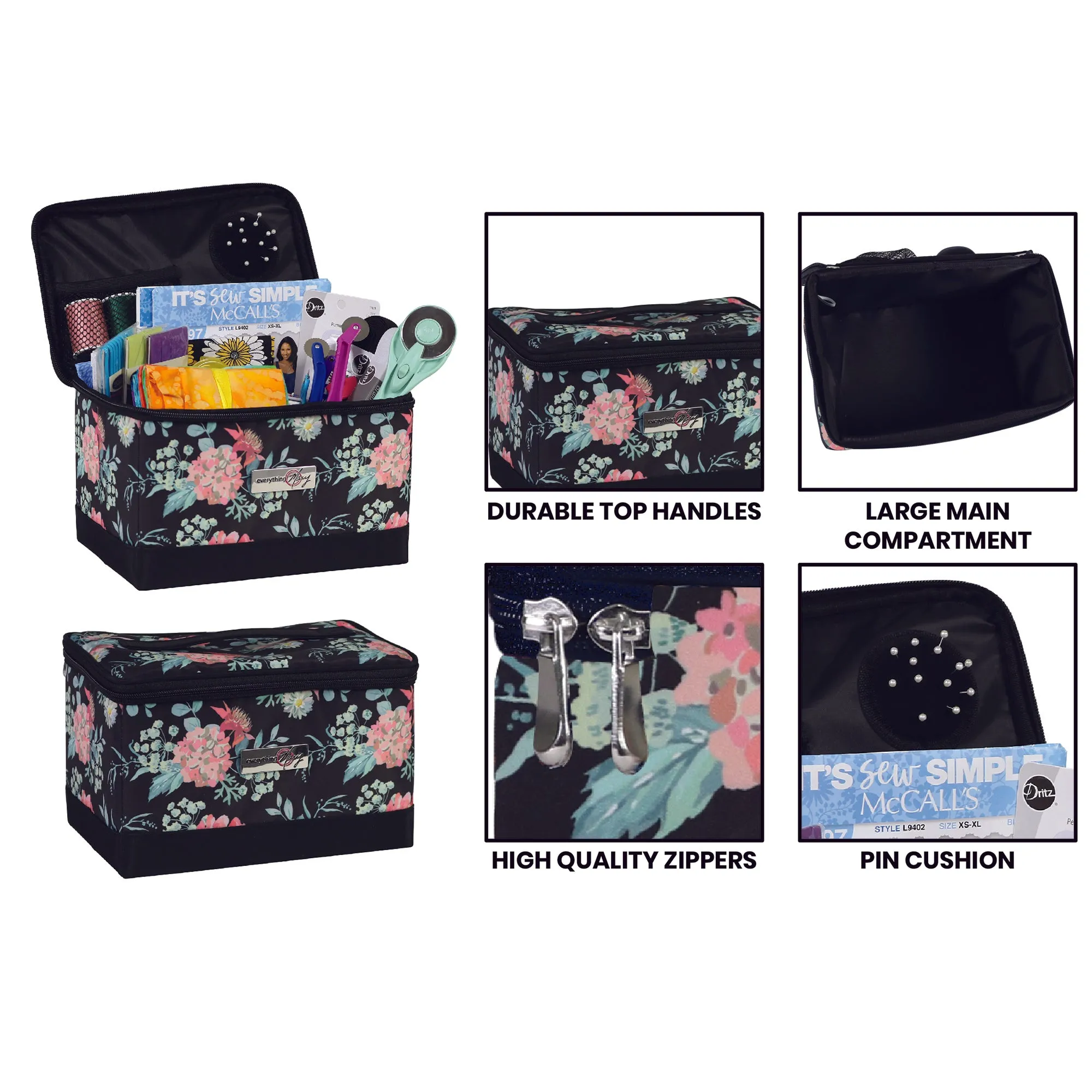 Collapsible Sewing Kit Organizer Box, Black & Floral