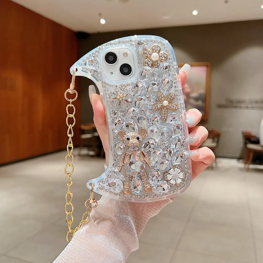 Colorful Diamond Phone Case With Metal Chain Strap - iPhone 14 Plus