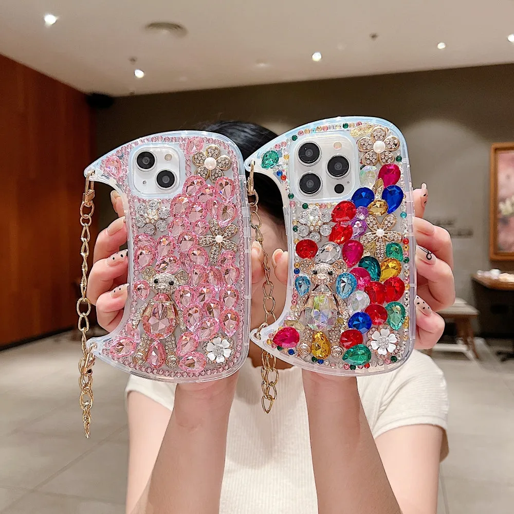 Colorful Diamond Phone Case With Metal Chain Strap - iPhone 14 Plus