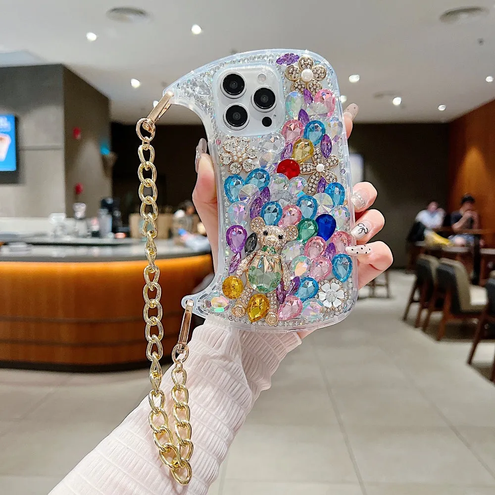 Colorful Diamond Phone Case With Metal Chain Strap - iPhone 14 Plus