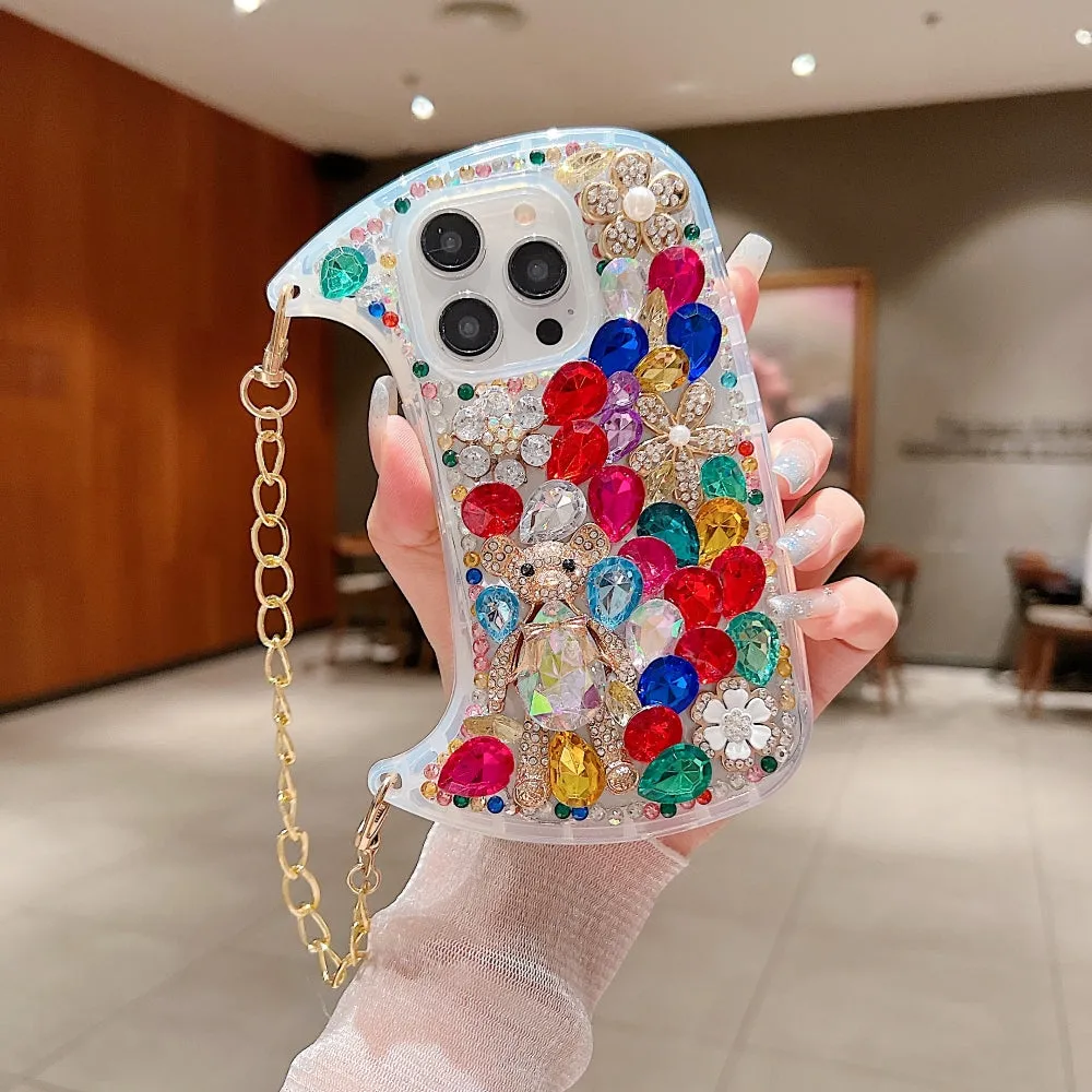 Colorful Diamond Phone Case With Metal Chain Strap - iPhone 14 Plus