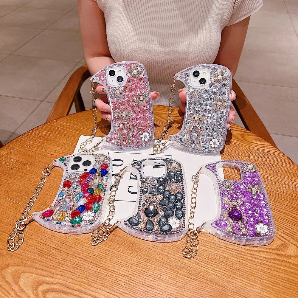 Colorful Diamond Phone Case With Metal Chain Strap - iPhone 14 Plus