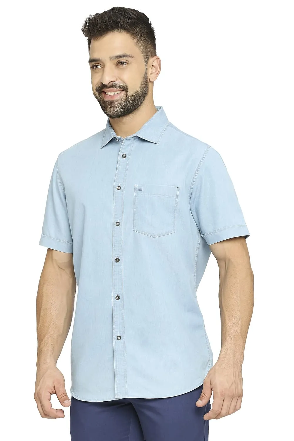 Cotton Polyester Indigo Halfsleeves Shirt