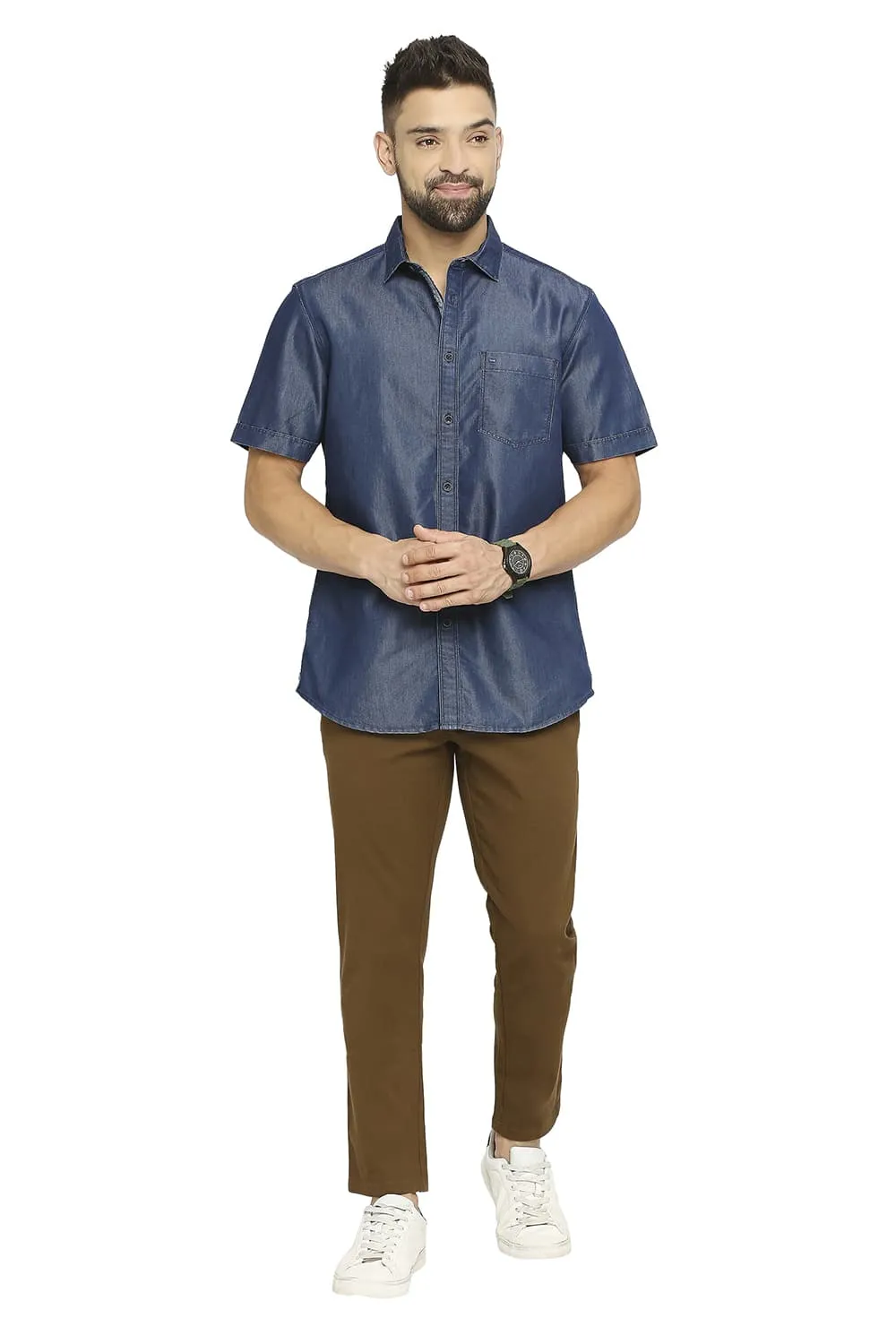 Cotton Polyester Indigo Halfsleeves Shirt