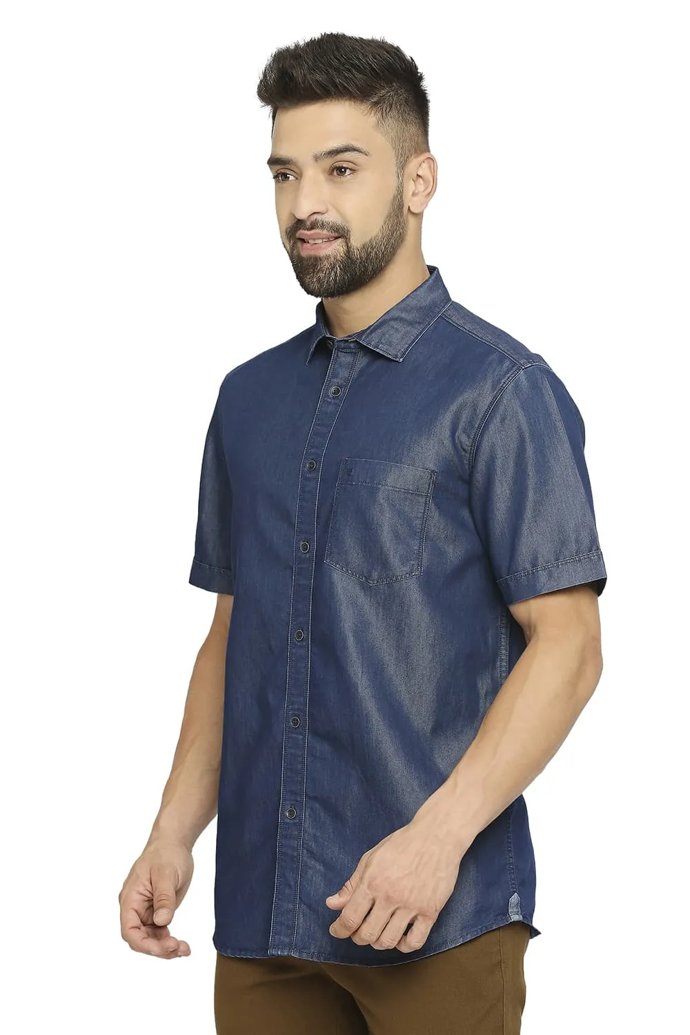 Cotton Polyester Indigo Halfsleeves Shirt