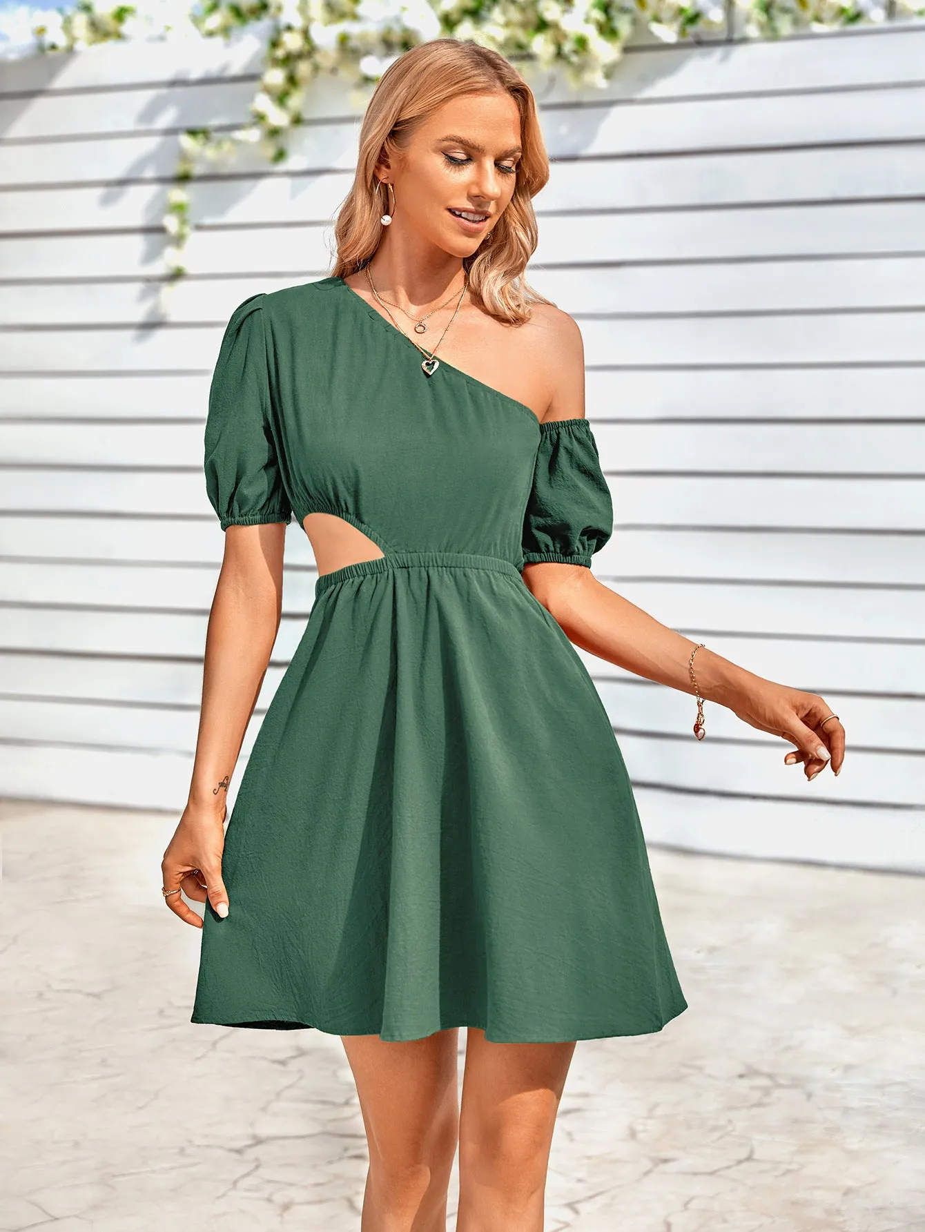 Cutout Asymmetrical Neck Puff Sleeve Dress