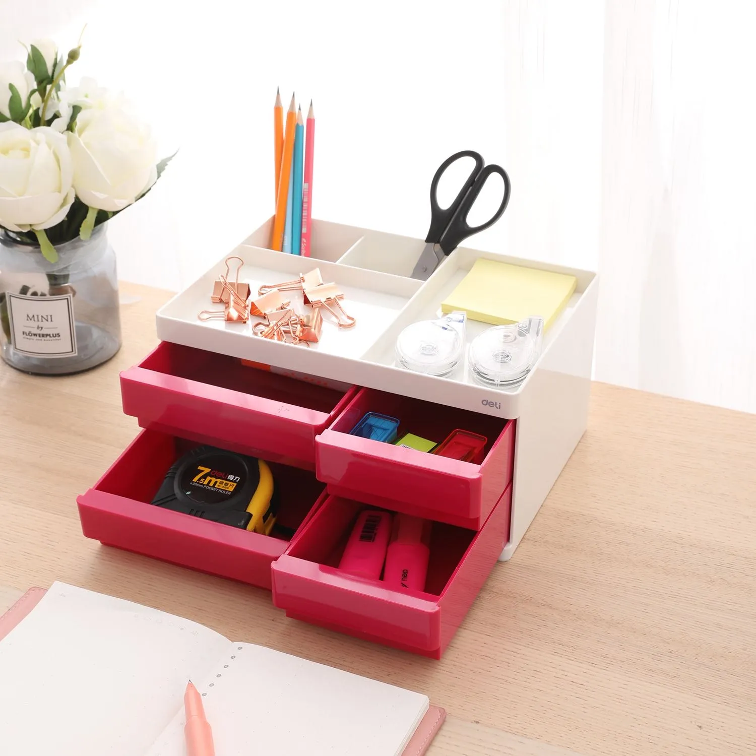 Deli Desk Organizer 4-Drawer 265x189x131mm Red