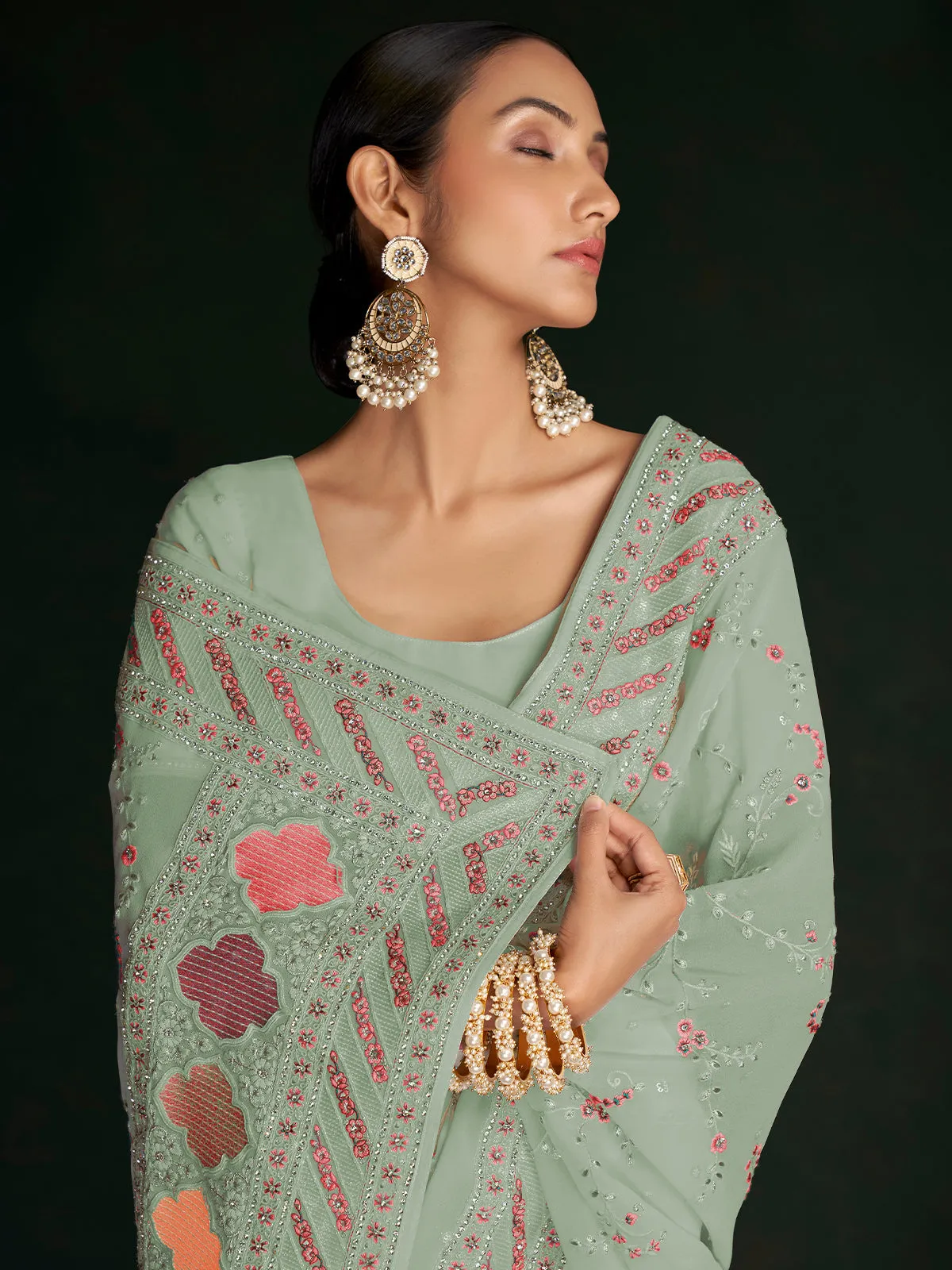 Designer Sea Green Georgette Embroidered Saree With Unstitched Blouse