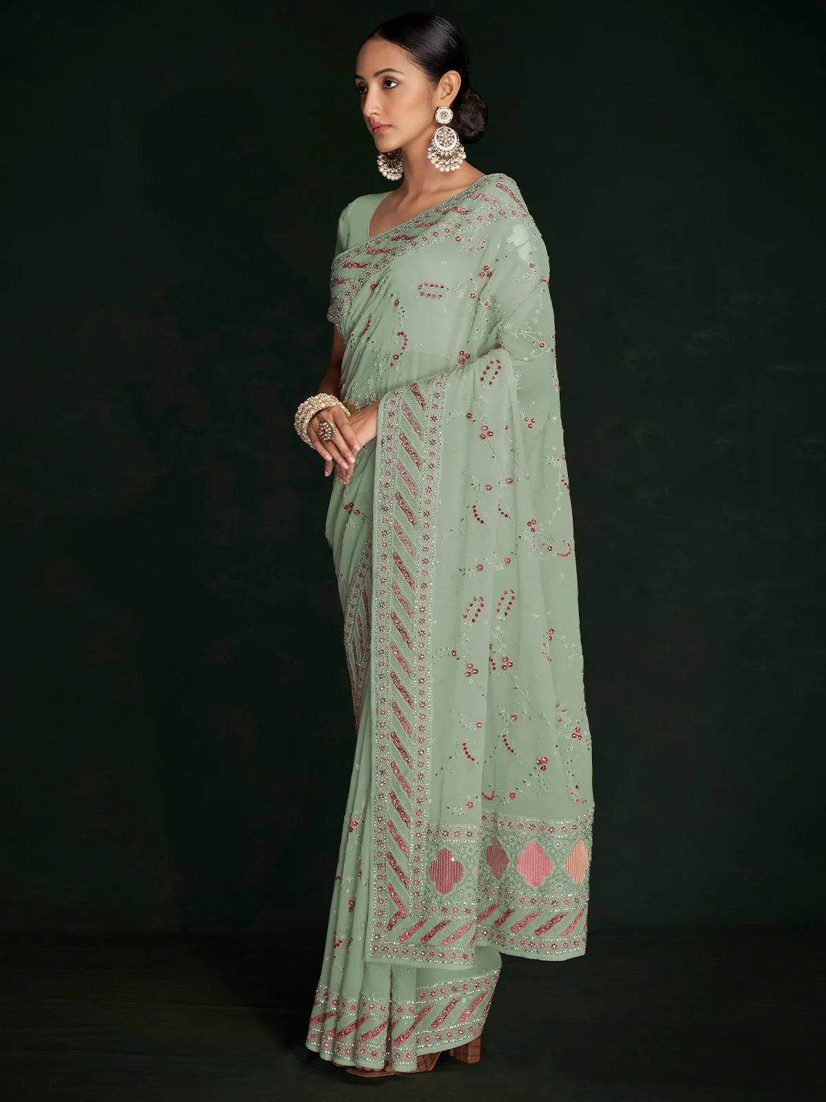 Designer Sea Green Georgette Embroidered Saree With Unstitched Blouse