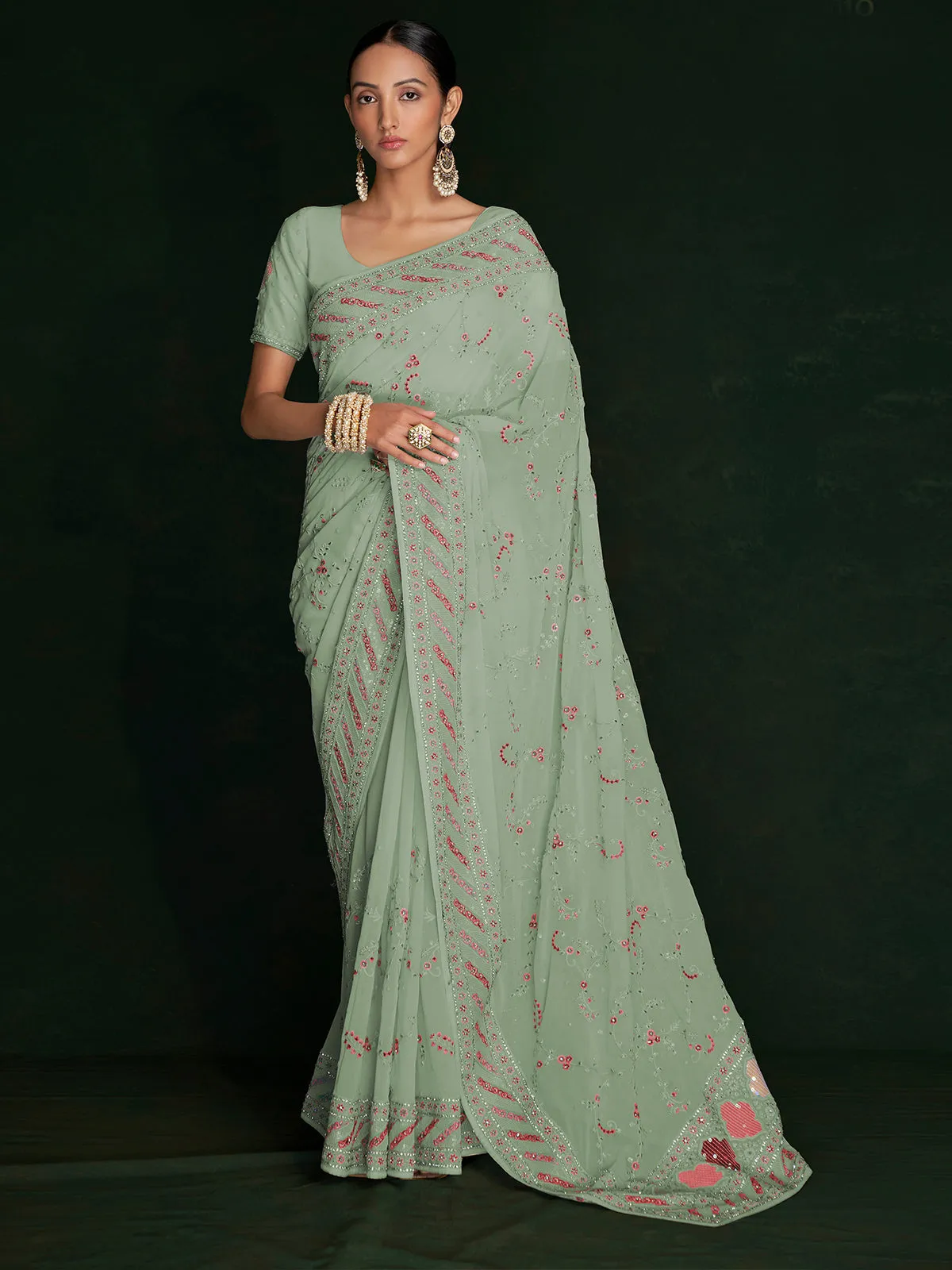 Designer Sea Green Georgette Embroidered Saree With Unstitched Blouse