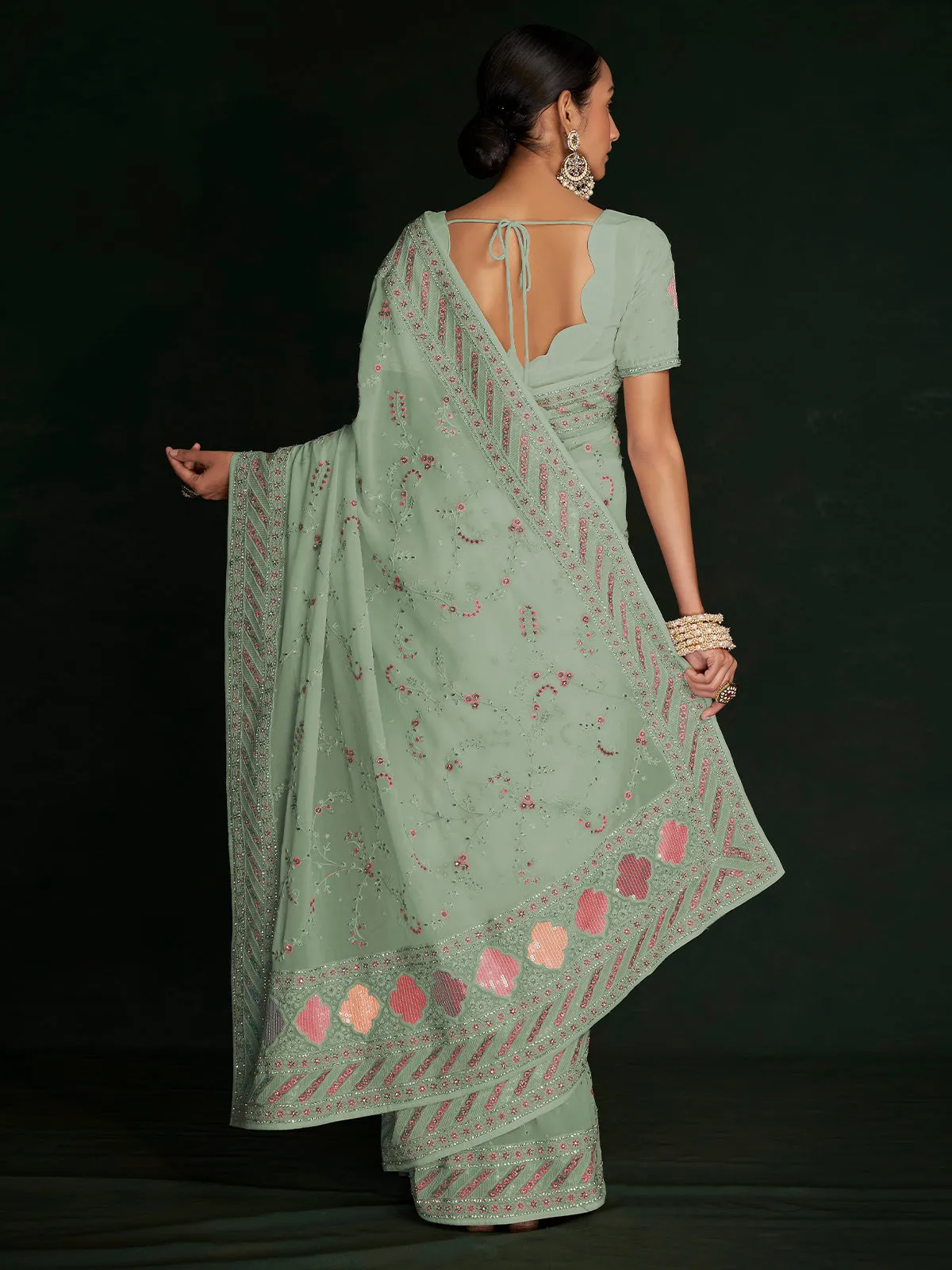 Designer Sea Green Georgette Embroidered Saree With Unstitched Blouse