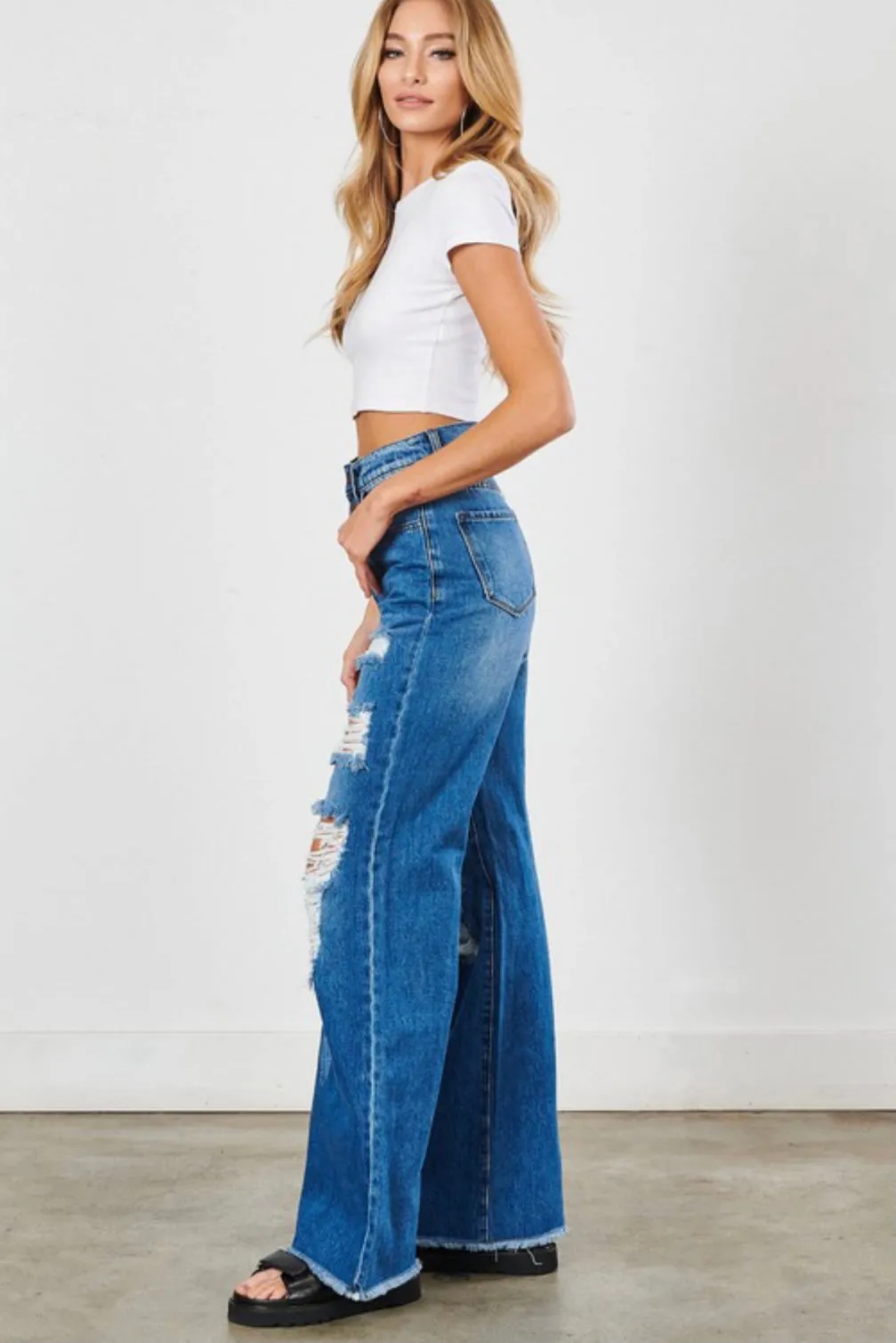 Distressed wide leg