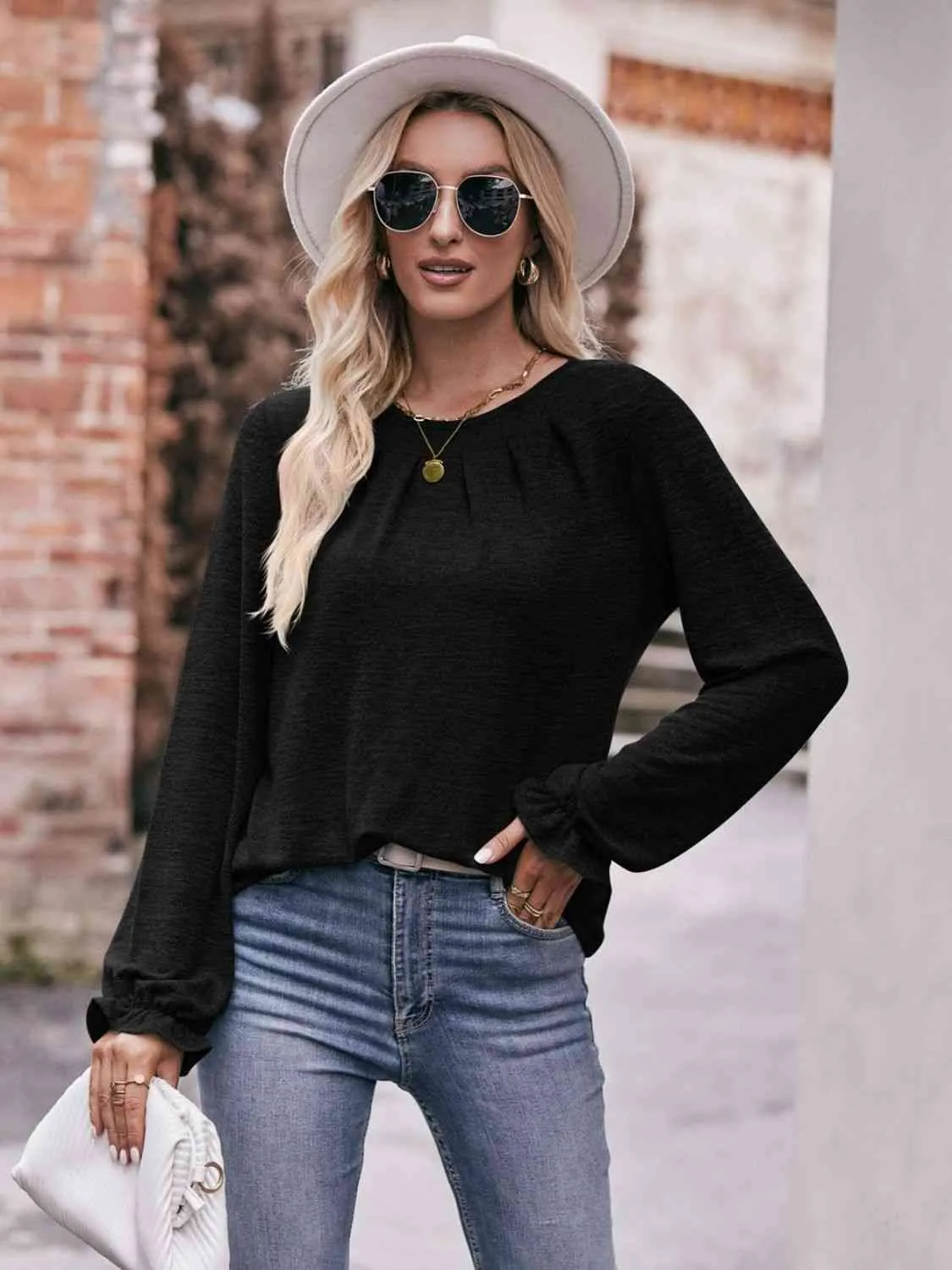 Double Take Long Flounce Sleeve Round Neck Blouse