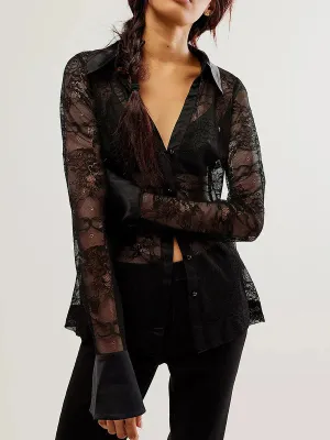 Down Sheer Lace Patchwork Long Sleeve Work Casual Button Blouse