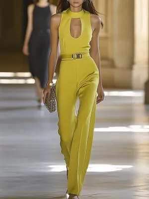 Elegant Yellow Green Hollow Sleeveless Jumpsuit