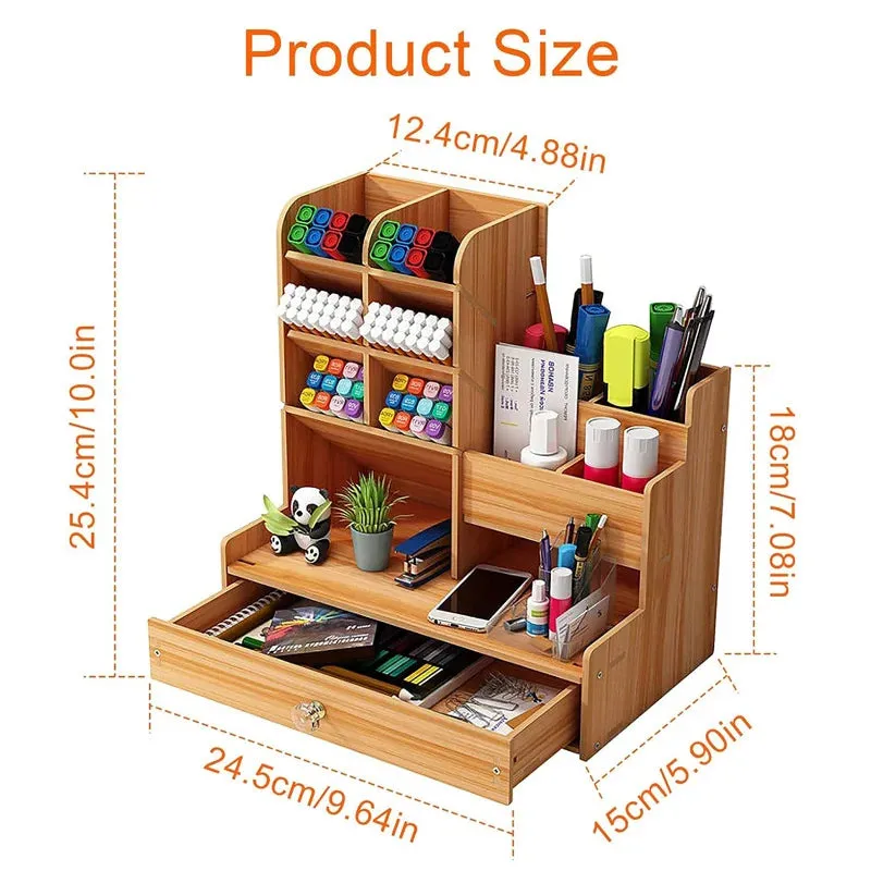 ELMAS Wooden Desk Organizer with Drawer - Stylish Pen Holder