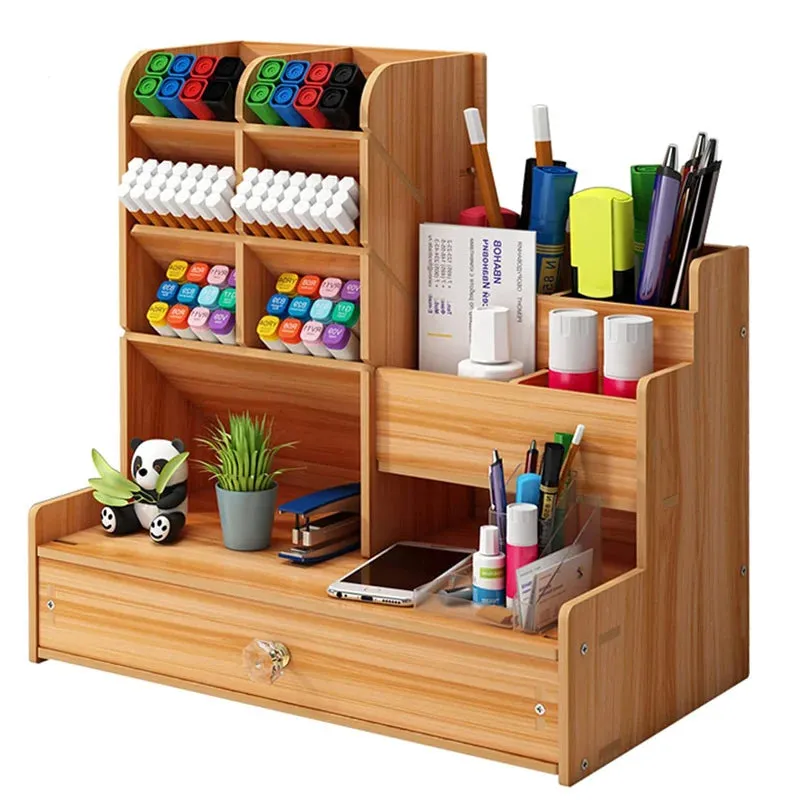 ELMAS Wooden Desk Organizer with Drawer - Stylish Pen Holder