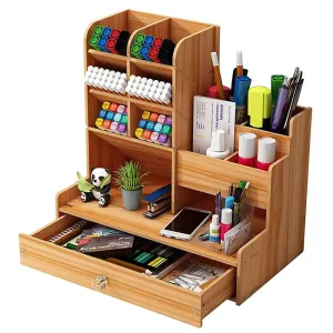 ELMAS Wooden Desk Organizer with Drawer - Stylish Pen Holder