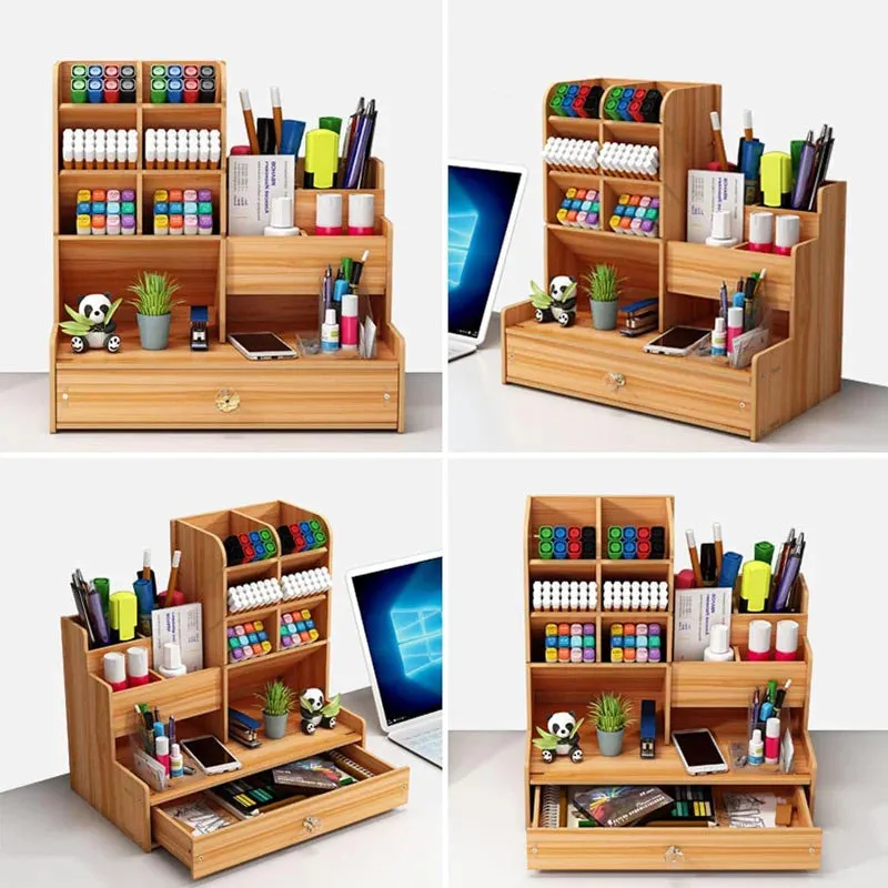 ELMAS Wooden Desk Organizer with Drawer - Stylish Pen Holder