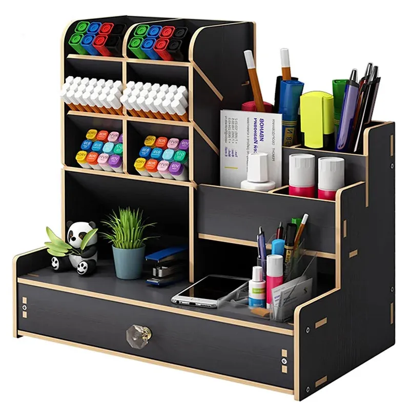 ELMAS Wooden Desk Organizer with Drawer - Stylish Pen Holder