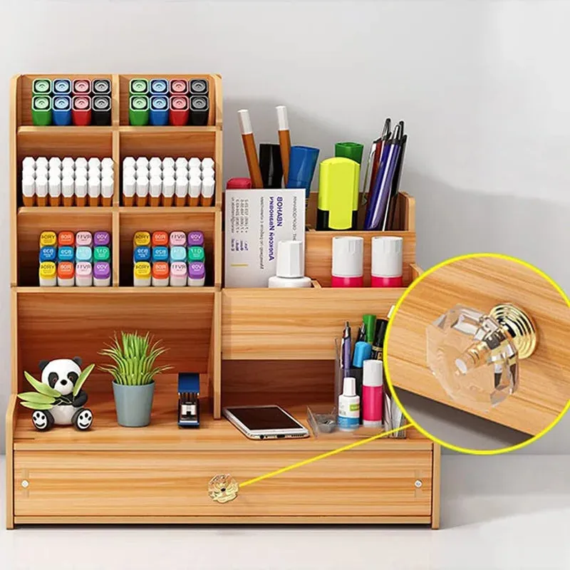 ELMAS Wooden Desk Organizer with Drawer - Stylish Pen Holder