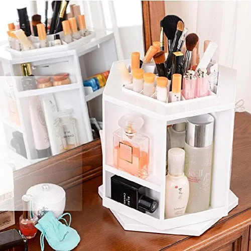 Evana XL Plastic 360-Degree Spinning Cosmetic Organizer Display Makeup Box Brush Cleanup Rotating Desktop Storage (White)