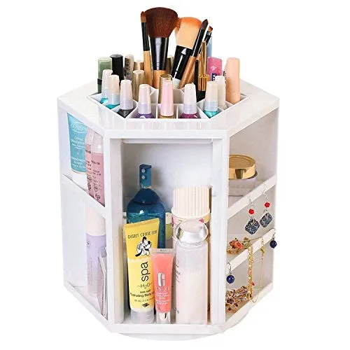 Evana XL Plastic 360-Degree Spinning Cosmetic Organizer Display Makeup Box Brush Cleanup Rotating Desktop Storage (White)