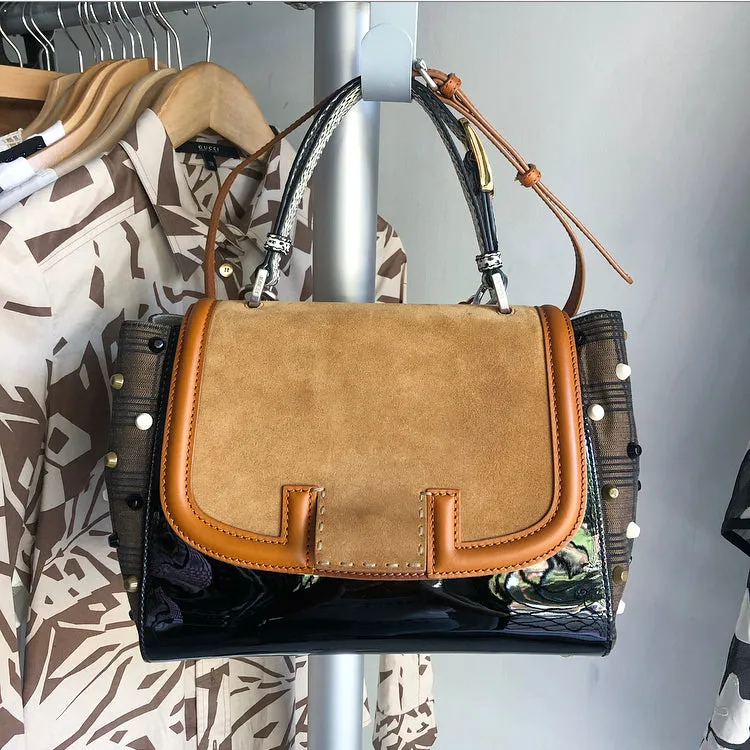 Fendi Silvana Tan Suede and Patent Tricolor Stud Bag