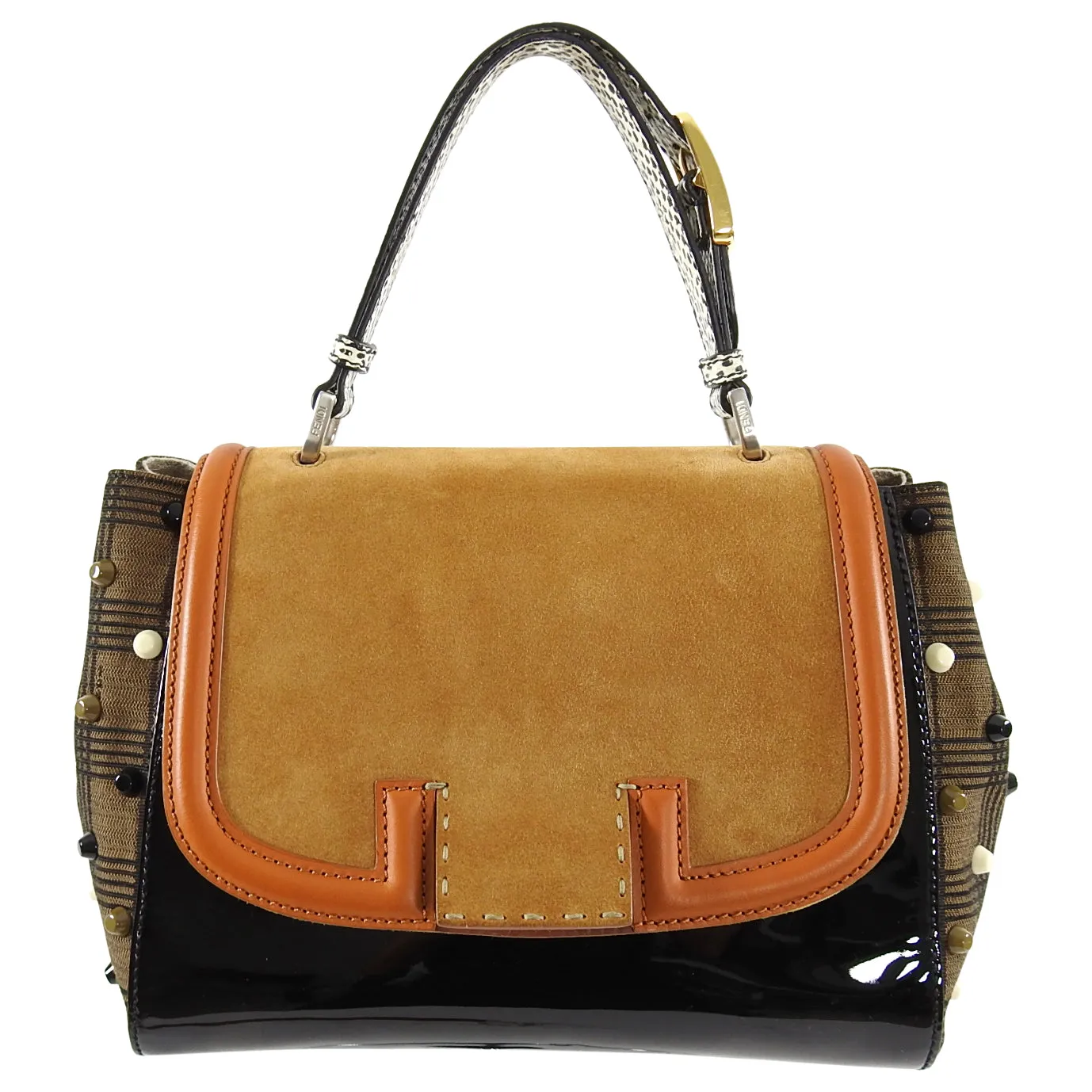 Fendi Silvana Tan Suede and Patent Tricolor Stud Bag