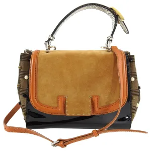 Fendi Silvana Tan Suede and Patent Tricolor Stud Bag