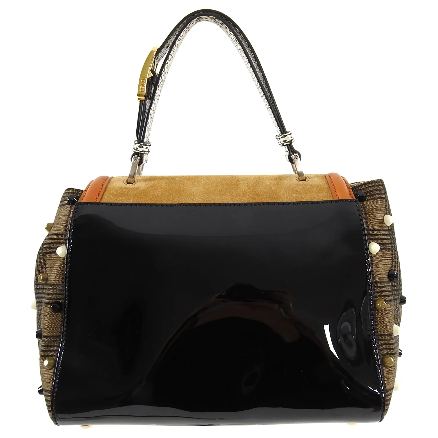 Fendi Silvana Tan Suede and Patent Tricolor Stud Bag