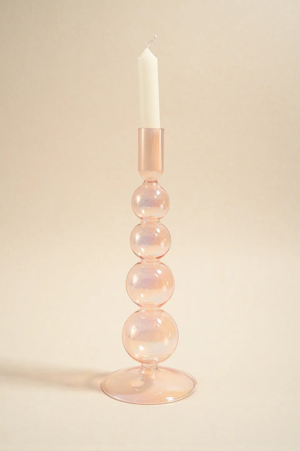 Four Bubble Pearl Pink 25cm Glass Taper Candle Holder