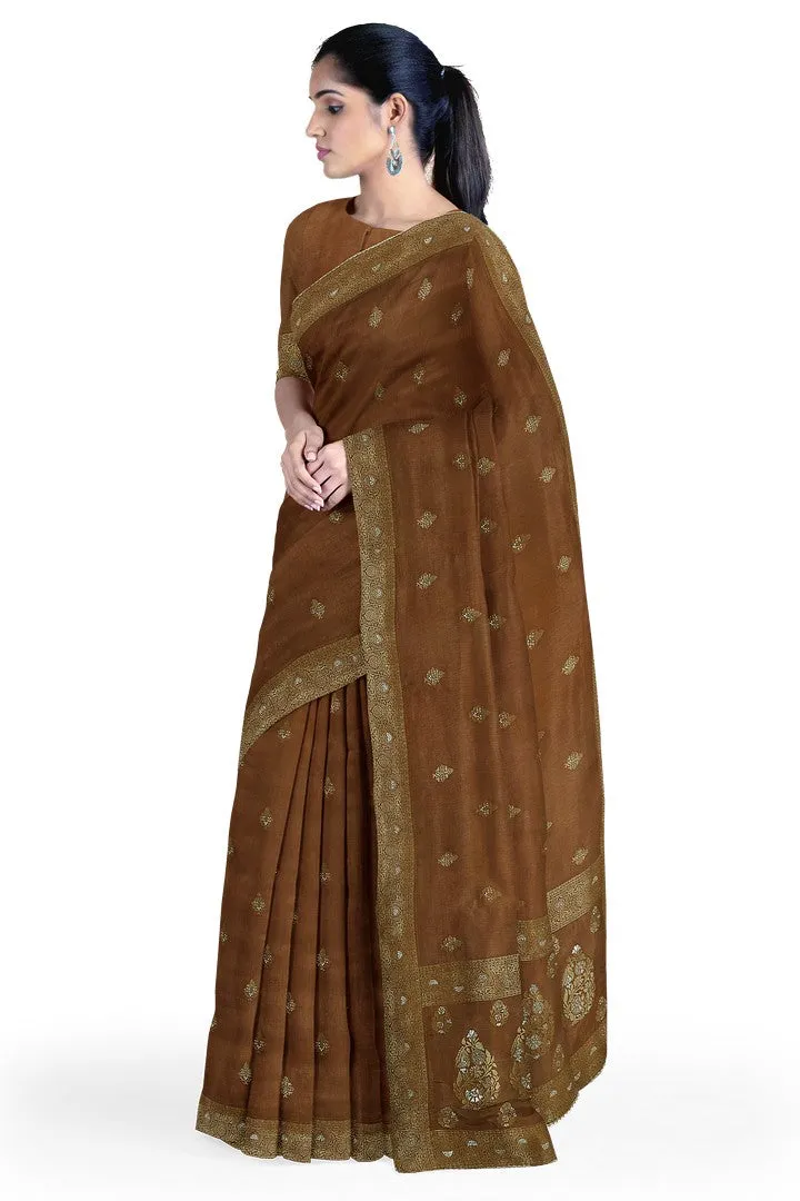 Golden Brown Banarasi Silk Saree with Floral Motif