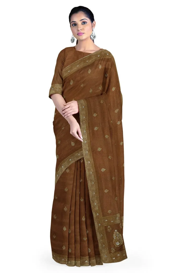 Golden Brown Banarasi Silk Saree with Floral Motif