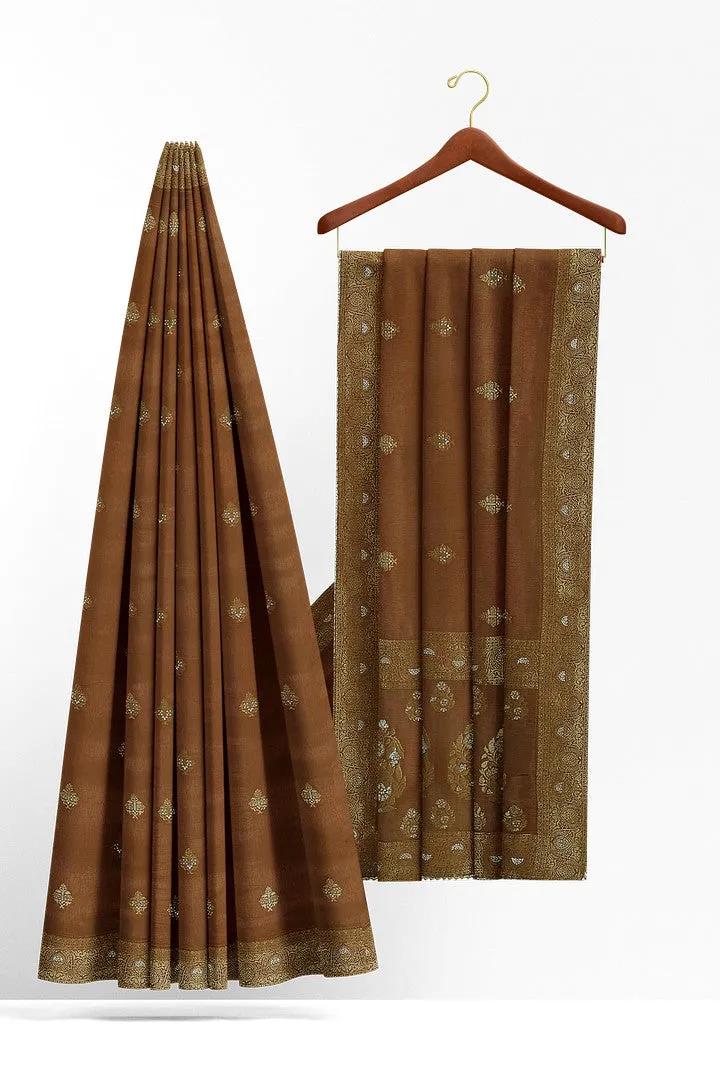 Golden Brown Banarasi Silk Saree with Floral Motif