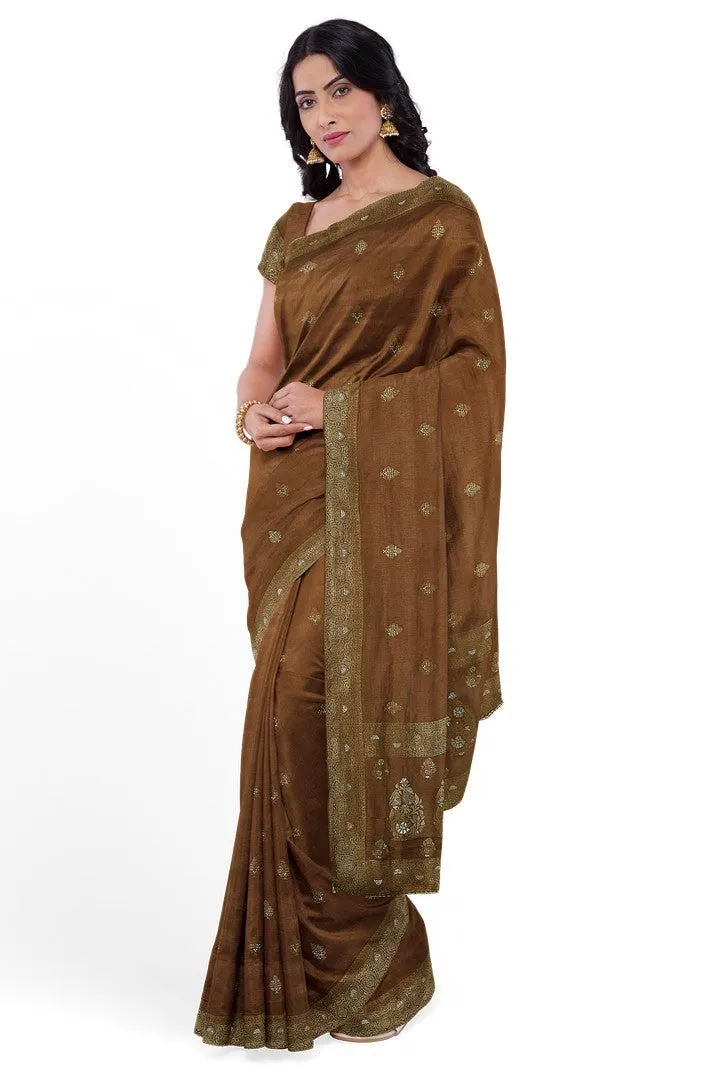 Golden Brown Banarasi Silk Saree with Floral Motif