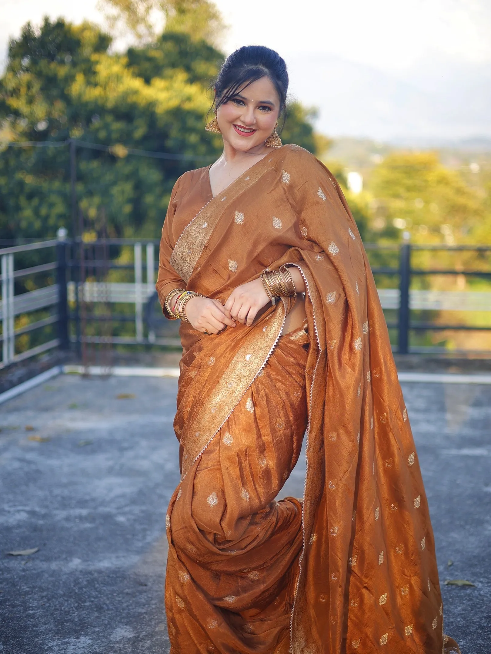 Golden Brown Banarasi Silk Saree with Floral Motif