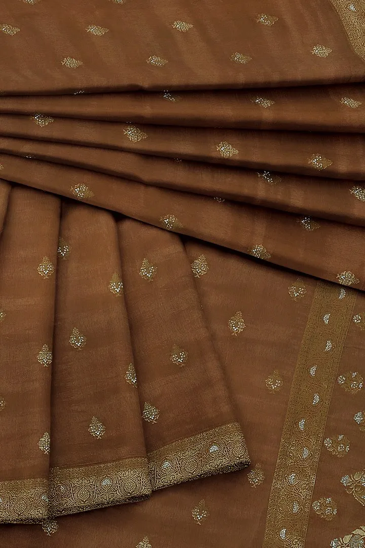 Golden Brown Banarasi Silk Saree with Floral Motif