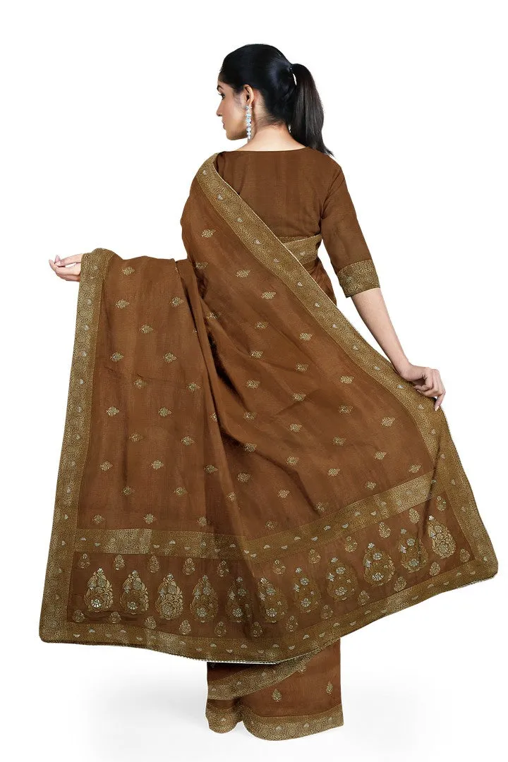 Golden Brown Banarasi Silk Saree with Floral Motif