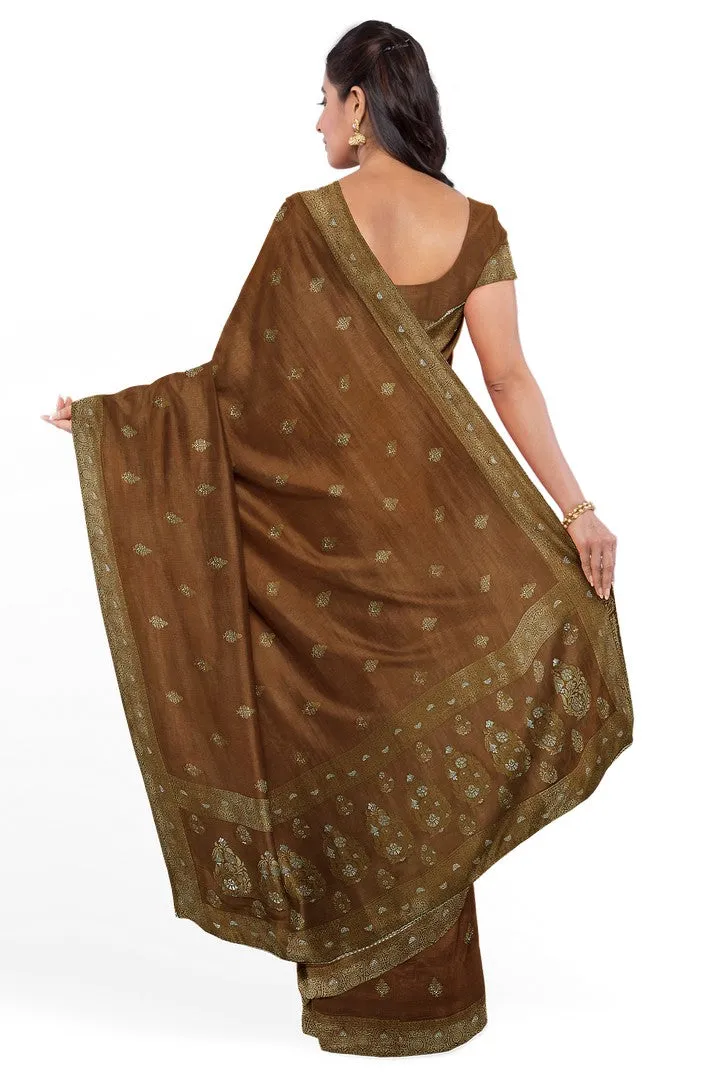 Golden Brown Banarasi Silk Saree with Floral Motif